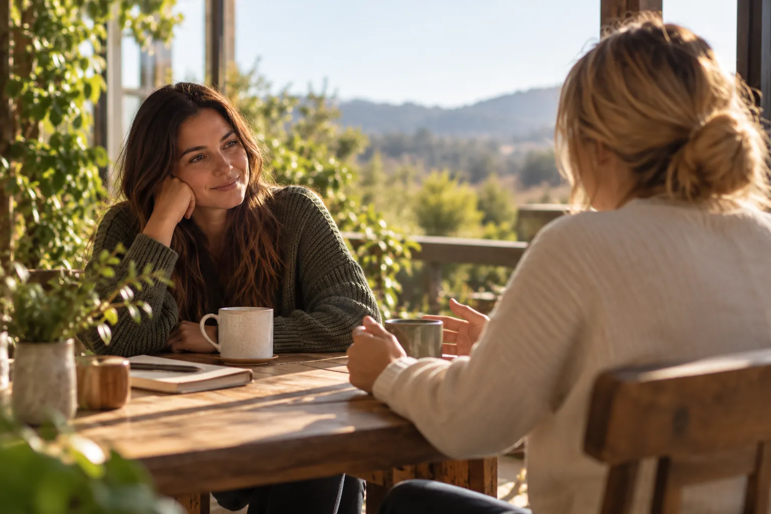 Two people sharing a relaxed conversation outdoors.